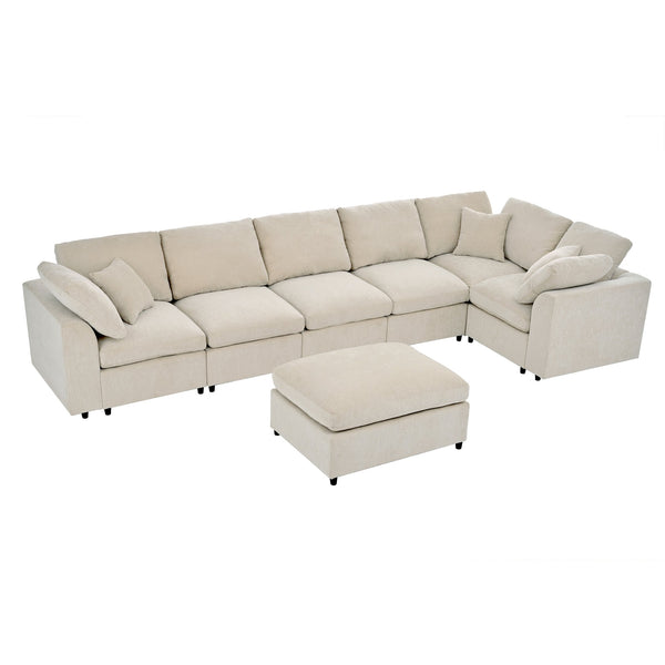 English Elm U_style Oversized Modular Sectional Plush Chenille Pine Frame Living Room Sofa with Ottoman Beige WY000453AAA