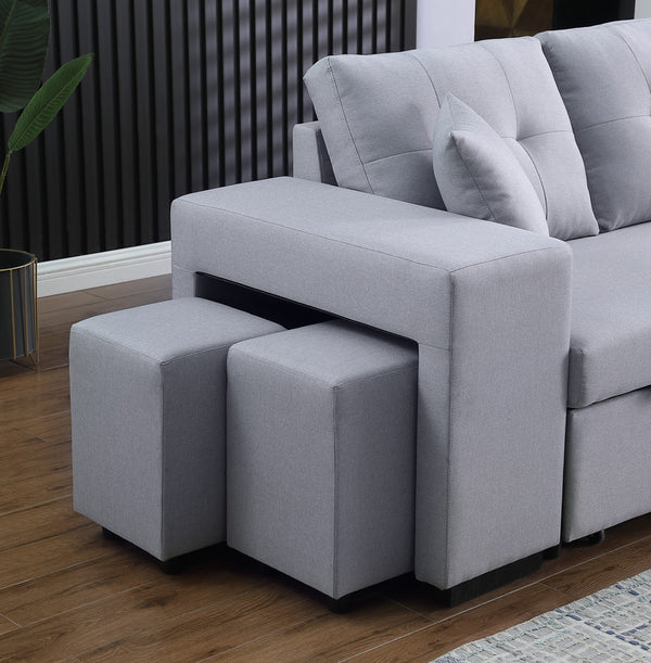 English Elm Dino Linen Tufted Sleeper Sectional with Reversible Chaise Storage and Two Ottomans Light Gray B2749S00202