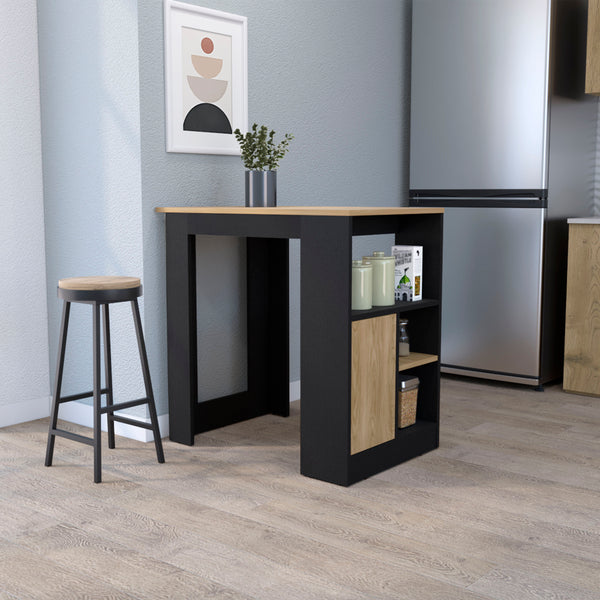 English Elm FM Arial Kitchen Island Black/Natural Oak Melamine | Compact 36" Prep Station w/ Door & Open Storage B128P217896