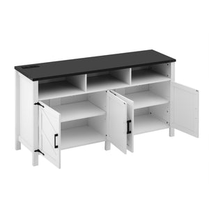 English Elm U_style 59 Inch Sideboard Buffet with Built in Power Outlets Open Cubbies Metal Accents White+Black N711P347407K