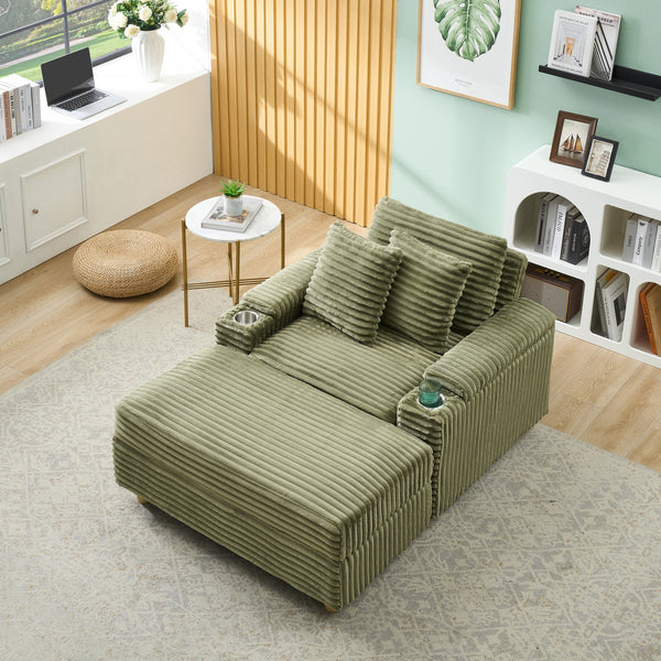 English Elm Green corduroy single sofa with ottoman storage, built-in armrest compartments, removable covers, 57"x41" W1658S00136