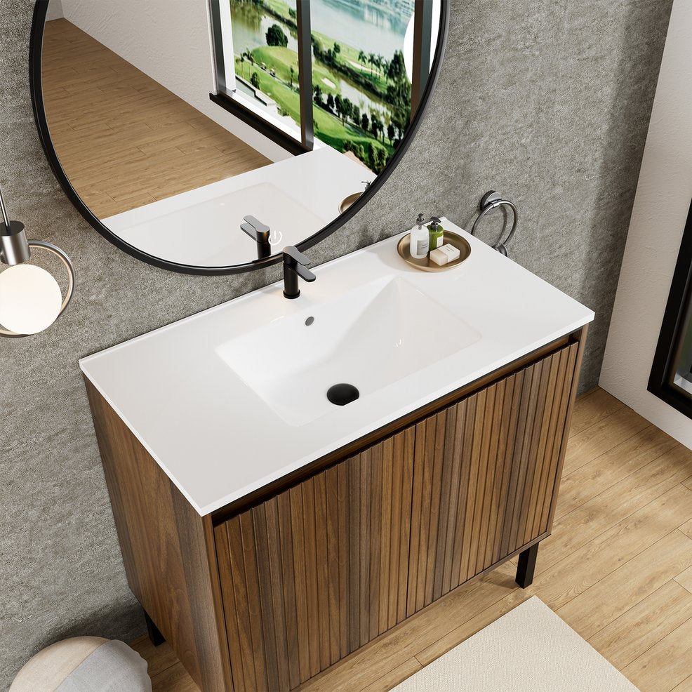 English Elm 36 Inch Floating Bathroom Vanity Fluted Wood Grain Panel with Ceramic Integrated Sink W3520S00043