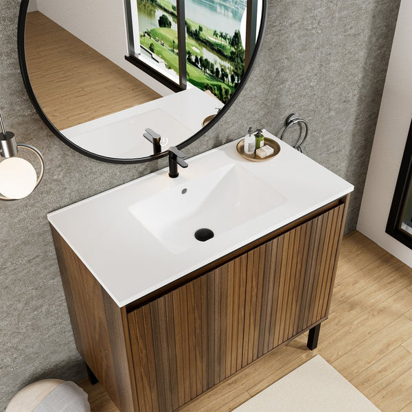 English Elm 36 Inch Floating Bathroom Vanity Fluted Wood Grain Panel with Ceramic Integrated Sink W3520S00043