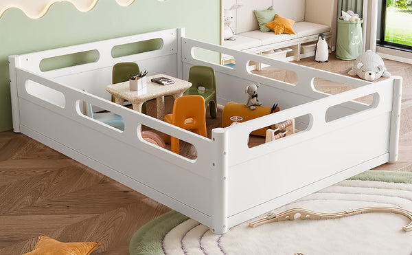 English Elm Twin Low Profile Floor Bed with Guardrails Pine Wood Frame Minimalist Bedroom White W1580P438792