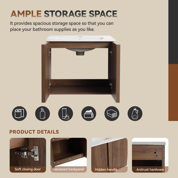 English Elm 24" Wall Mounted Bathroom Vanity Dark Oak Open Shelf Ceramic Sink Soft Close Door W3450P435834