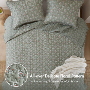 English Elm 3-piece King Quilt Set Ruffle Trim Vermicelli Stitching Soft Polyester Bohemian Bedding Sage Green B035P408231