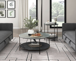 English Elm 2pc Zephyr Occasional Table Set with Fluted Glass Tops, Black Metal Frame & Wood Shelf, Modern Living Centerpiece B011P291534