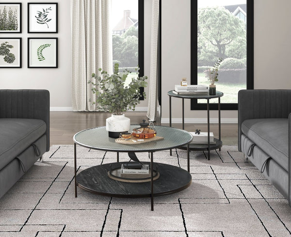 English Elm 2pc Zephyr Occasional Table Set with Fluted Glass Tops, Black Metal Frame & Wood Shelf, Modern Living Centerpiece B011P291534