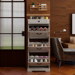 English Elm Shoe Storage Cabinet - Slim Freestanding Organizer With 1 Drawer, 3 Flip Drawers & Adjustable Shelf W1120P290634-GIGA