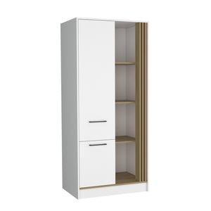 English Elm Armoire with Built-In Mirror and Ample Storage — 4 Doors, 2 Drawers, 4 Shelves, Eco-Friendly Finish White 75.59 L x 25.59 W x 3.94 H B097S00208