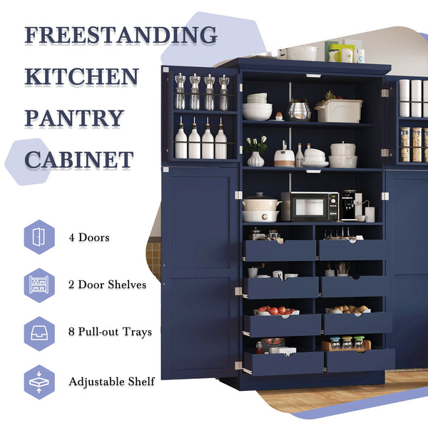 English Elm [assembly Included] Topmax Shaker Pantry Cabinet Tall Mdf Kitchen Storage with Pull-out Trays Blue SP000099AAC