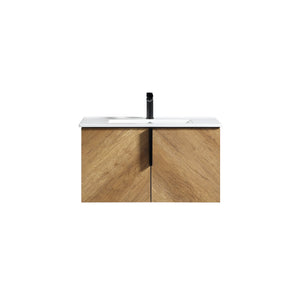 English Elm 36inch Floating Wall Mounted Bathroom Vanity with 3d Carved Panel Front and Drawer Storage W3520P455325