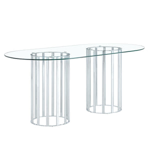 English Elm 71 Inch Oval Tempered Glass Dining Table Black Metal Base Seats Eight Modern W1151P416028