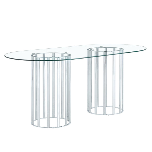 English Elm 71 Inch Oval Tempered Glass Dining Table Black Metal Base Seats Eight Modern W1151P416028