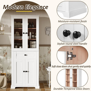 English Elm 67.2" Tall Bathroom Storage Cabinet with Tempered Glass Doors, Adjustable Shelves, Soft-Close Hinges and Anti-Tip Safety White N729P310006K