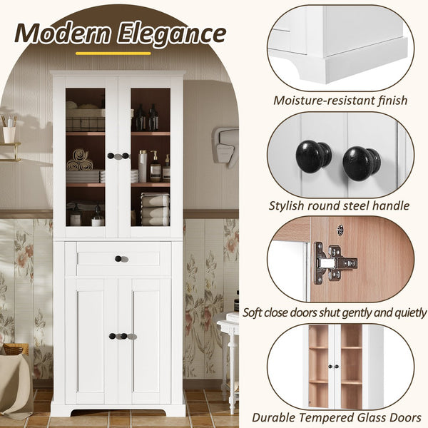 English Elm 67.2" Tall Bathroom Storage Cabinet with Tempered Glass Doors, Adjustable Shelves, Soft-Close Hinges and Anti-Tip Safety White N729P310006K