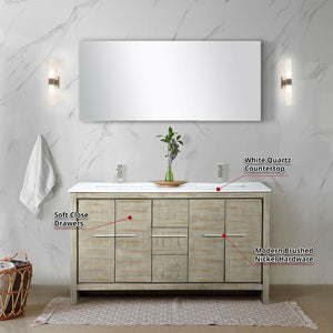 English Elm Rustic Acacia Double Bath Vanity 60" W With White Quartz Top, Brushed Nickel Faucet & Mirror Combo B2731S01683-GIGA