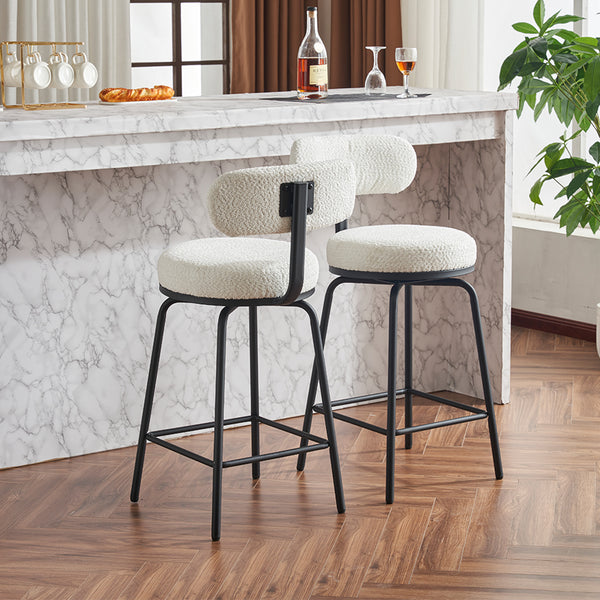 English Elm Modern Bouclé Swivel Bar Stools Set of 2 — Counter Height Fabric Seats with Metal Frame & Footrest, 360° Comfort White W1901P264272