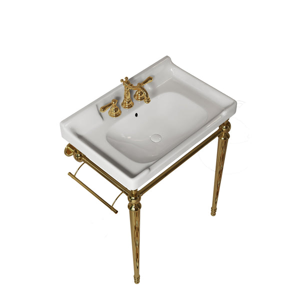 English Elm VICI 28" Bathroom Console Sink with Integrated Ceramic Basin, Overflow, Stainless Support Legs Gold,White W2615S00110