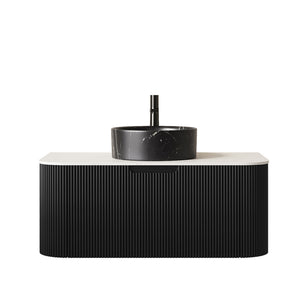 English Elm Dina Floating Bathroom Vanity Sintered Stone Top Glass Basin Striped Plywood Cabinet Black,Carrara White W2615S00705