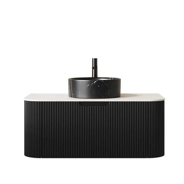 English Elm Dina Floating Bathroom Vanity Sintered Stone Top Glass Basin Striped Plywood Cabinet Black,Carrara White W2615S00705