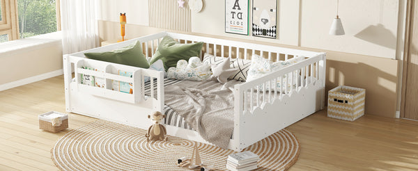 English Elm Queen Low Profile Kids Floor Bed with Guardrails Bookshelf and Pine Wood Frame White W1580P373142