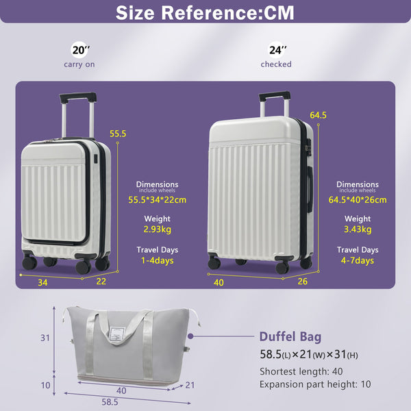 English Elm Front Access Hardside 3 Piece Travel Set with Usb Port Spinner Wheels and Tsa Lock Grey+White N732P326130D