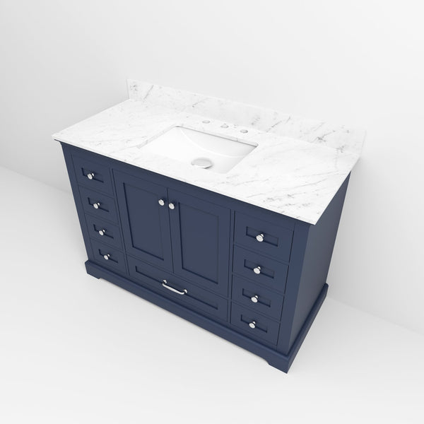 English Elm Navy Blue Single-Sink Vanity 48" W With Carrara Marble Top & Soft-Close Drawers For Stylish Storage B2731P258220