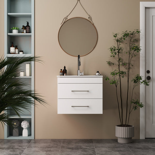 English Elm 24-Inch White Gloss Wall-Mounted Bathroom Vanity With Soft-Close Drawers & Sleek Ceramic Sink W3151S00016