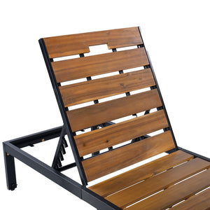 English Elm Outdoor Acacia Wood Slat Chaise Lounge with Powder Coated Frame for Patio Resort Black+Natural N719P383161B