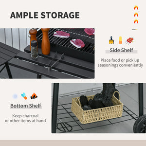 English Elm Outsunny Barrel Charcoal Smoker Grill with Offset Firebox Wheels and Storage Shelves W2225P174308