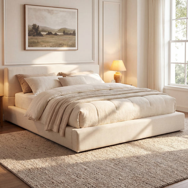 English Elm California King Linen Upholstered Bed Thick Padded Panels Solid Rubberwood Legs 800lb N757C404836I