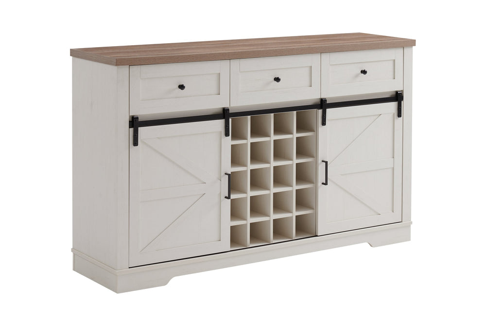 English Elm Farmhouse Wine Bar Cabinet with Independent Wine Rack, 3 Smooth Drawers, Thick Top, Rustic Buffet Sideboard W3151S00001