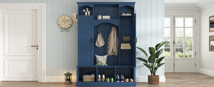 English Elm On-trend Farmhouse Hall Tree with Dual Cabinets Seven Hooks and Arched Entryway Storage Blue N721S000078C