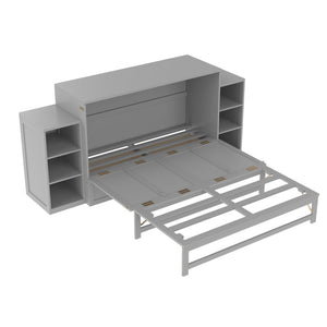 English Elm Queen Murphy Wall Bed with Open Shelves and Drawers for Guest or Office Rooms Light Gray W5316S00008