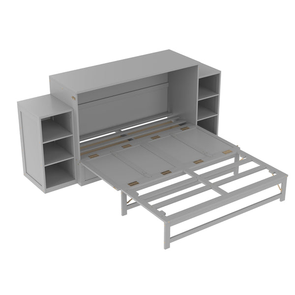 English Elm Queen Murphy Wall Bed with Open Shelves and Drawers for Guest or Office Rooms Light Gray W5316S00008