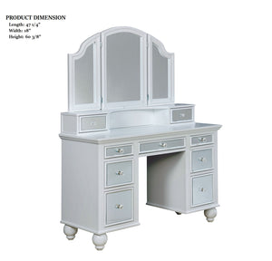English Elm White Glam Vanity Set with Stool and Tri-Fold Mirror, Shimmer Inserts, Upholstered Stool, Drawers B2741P400818