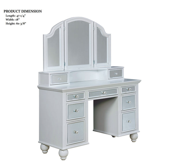 English Elm White Glam Vanity Set with Stool and Tri-Fold Mirror, Shimmer Inserts, Upholstered Stool, Drawers B2741P400818