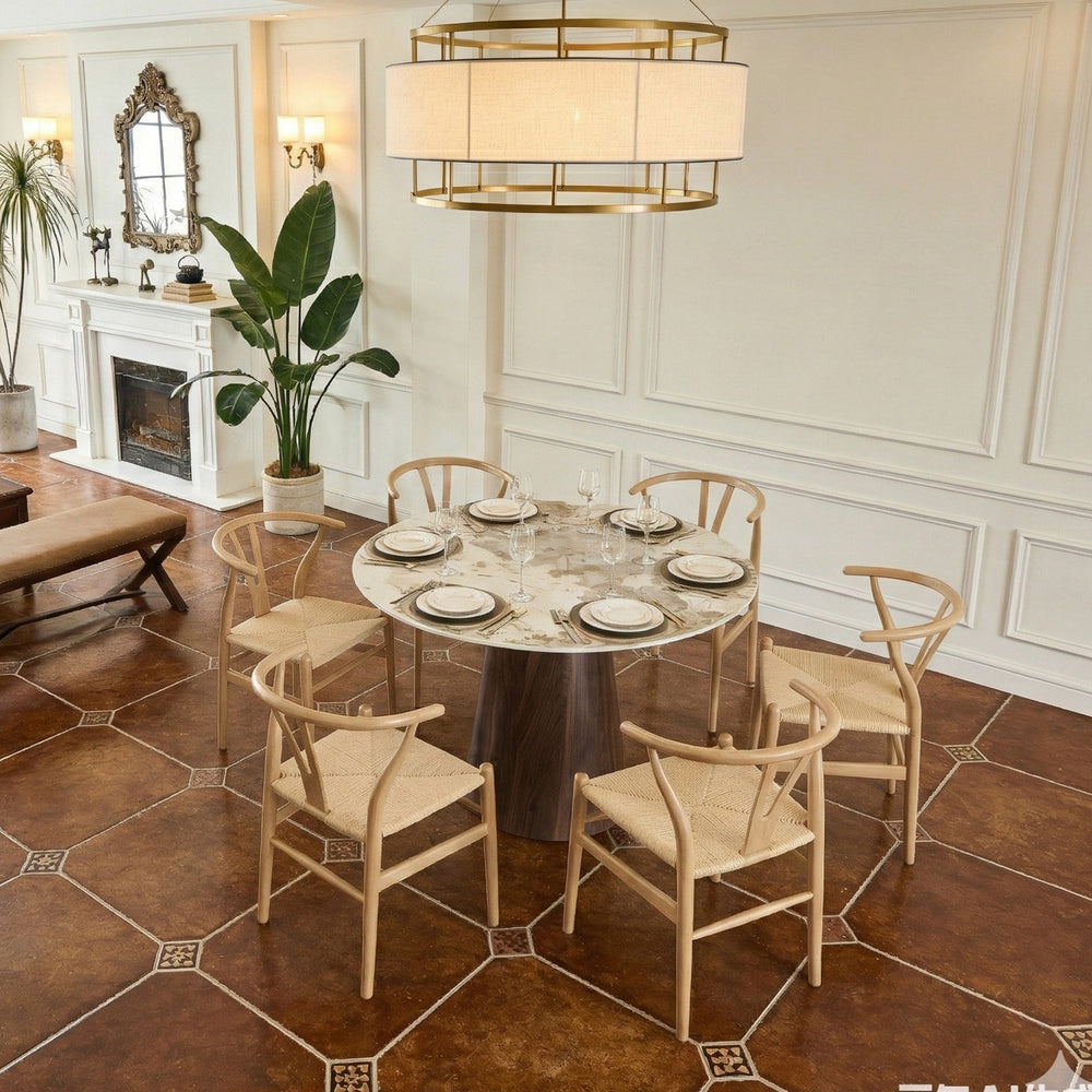 English Elm Table and Chair Set 42 Inch Round Stone Top with Six Wishbone Rope Woven Dining Chairs W2920S00156