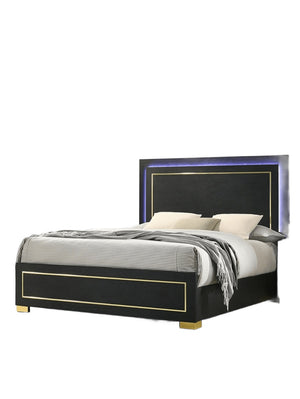 English Elm Contemporary Queen Bedroom Set Matte Black Wood Gold Legs Led Headboard Nightstands B2741S00157