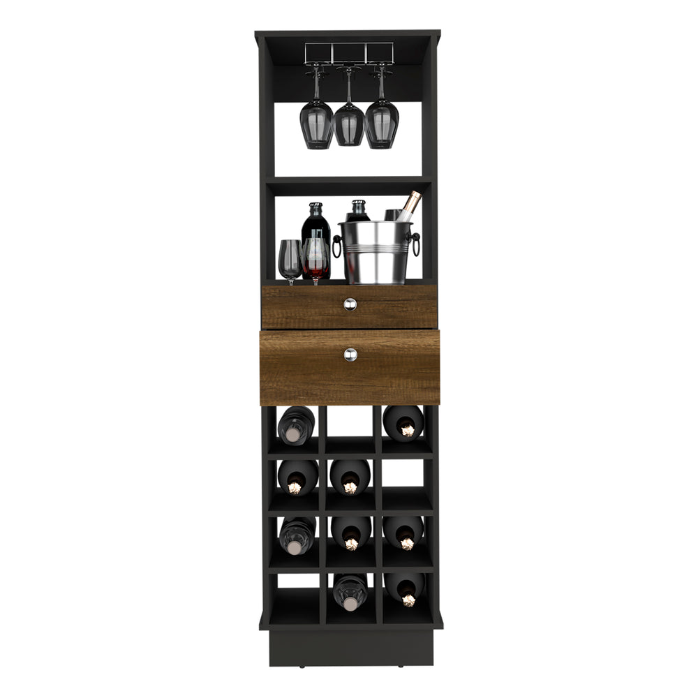 English Elm Classic Bar Cabinet with 12 Wine Cubbies, Two Full-Extension Drawers, Stemware Rack & Shelves - Black/Walnut Finish B070S00100
