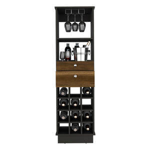 English Elm Classic Bar Cabinet with 12 Wine Cubbies, Two Full-Extension Drawers, Stemware Rack & Shelves - Black/Walnut Finish B070S00100