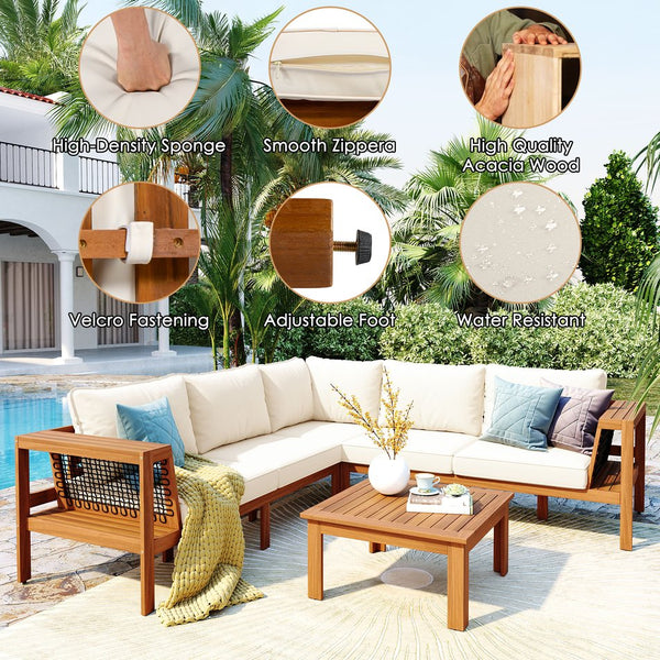 English Elm <old Old Sku Acacia Wood L-shaped Patio Sectional with Woven Rope Armrests Resort Cushioned Set Beige,Teak N704F201249N