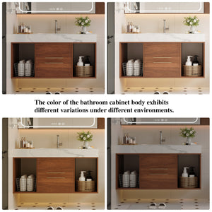 English Elm 39.4 Inch Floating Bathroom Vanity Sintered Stone Top Solid Wood 2 Soft Close Drawers W3136S00034