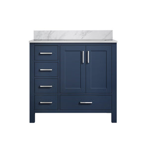 English Elm Navy Blue Bath Vanity With Carrara Marble Top, Right Offset Sink, Soft-Close Drawers & Storage B2731P258857
