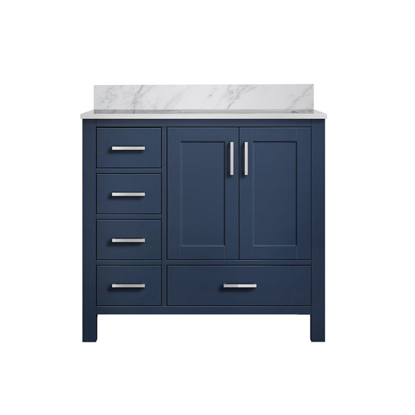 English Elm Navy Blue Bath Vanity With Carrara Marble Top, Right Offset Sink, Soft-Close Drawers & Storage B2731P258857