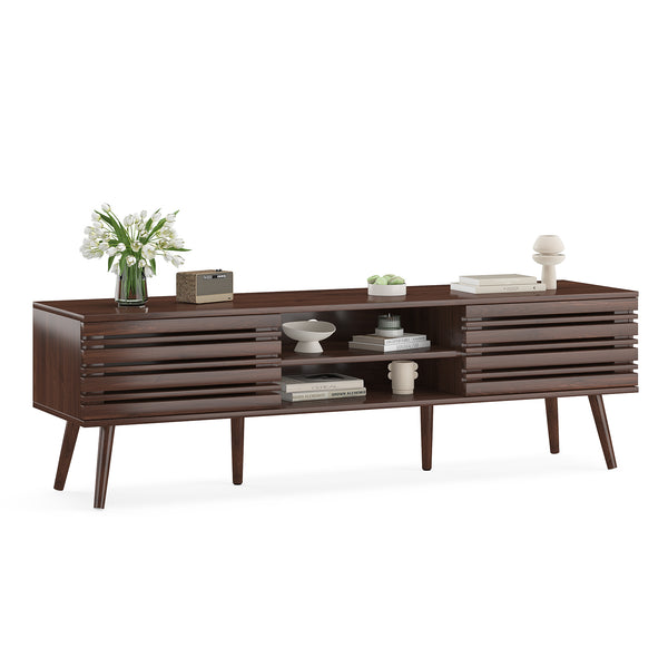 English Elm Mid Century Modern Fluted Wood Media Console with Storage Cabinets for Living Room Walnut T3623P435374