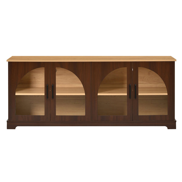 English Elm Farmhouse Media Console with Arched Glass Doors Wood Grain Two Tone Living Room Storage Walnut N721P411204P