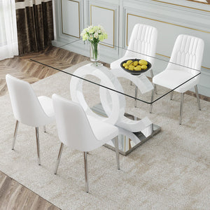 English Elm 1 Table and 4 Chairs Set.63"X35.4X30" Rectangular Transprant Tempered Glass Dining Tabletop With White Mdf Oc Shaped Bracket and Metal Base.Paired With 4 Creamy White Chairs With Silver Metal Legs.