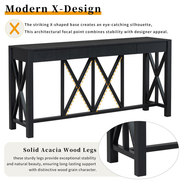 English Elm U_Style 60'' Acacia Veneer Console Table - Stylish X-Base With 4 Drawers & Open Shelf For Versatile Storage N711P289747B-GIGA